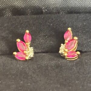 Genuine Vintage '80s 14K Gold Ruby Diamond Marquise Wing Cluster Stud Earrings
